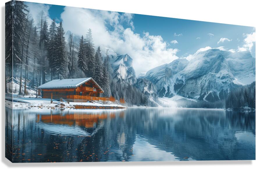 A serene mountain lake surrounded by snow cappe 8 Canvas Print