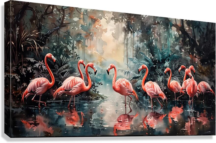 A stunning panorama of a flock of flamingos wad d Canvas Print