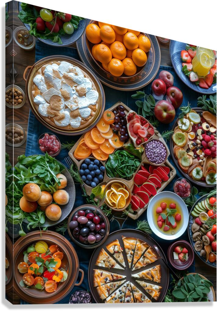 a top view of colorful table set with many diff 5 Canvas Print