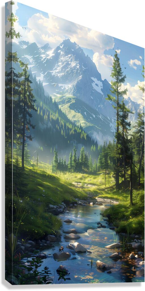 A tranquil mountain stream winds through the fo b Canvas Print