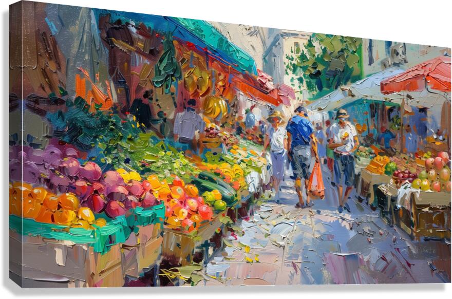 A vibrant market scene bustling with activity w f Canvas Print