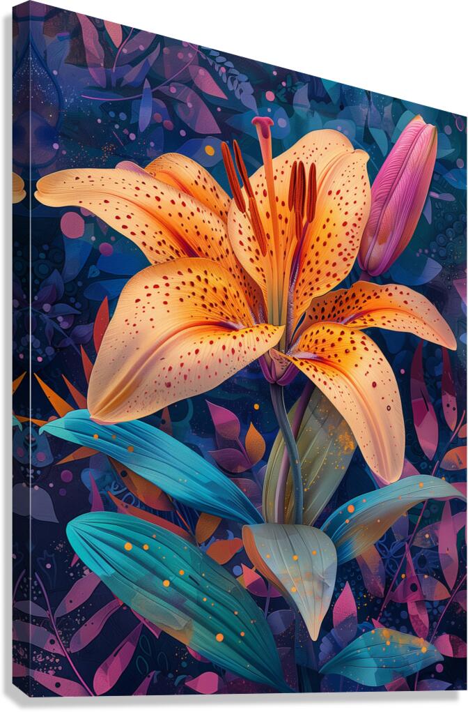 A vibrant lily flower in full bloom depicted wi 5 Canvas Print