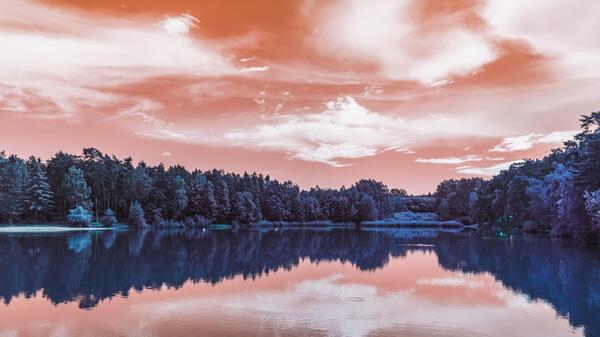 lake sky clouds trees reflection Print