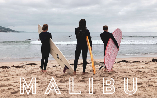 Three Surfers at Malibu with Text Print
