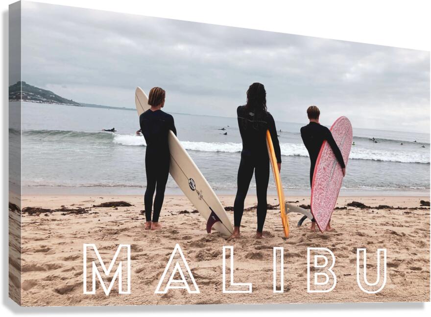 Three Surfers at Malibu with Text Canvas Print
