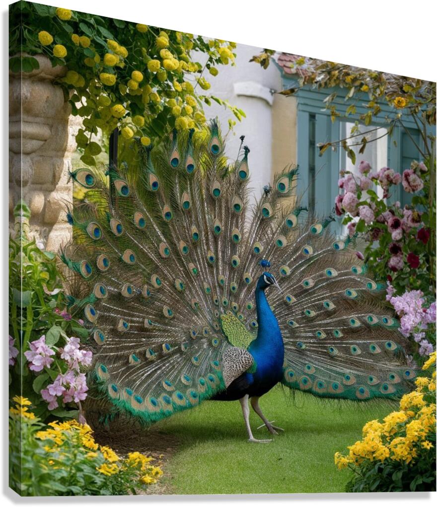  peacock spreading its wings in a beautiful  Canvas Print