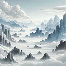 Traditional Ink-Style Misty Mountains and Clouds
