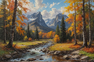 Serene Autumn Landscape with Stream and Mountains