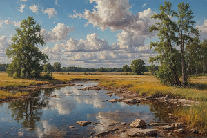 Serene Stream Landscape with Fluffy Clouds