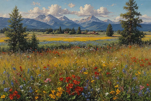 Vibrant Wildflower Landscape with Mountains