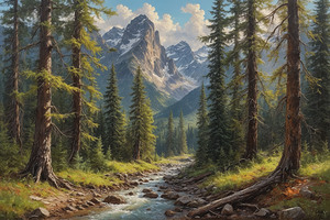 Serene Mountain Landscape with Stream and Evergreen Trees