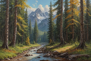 Serene Forest Landscape with Stream and Mountains