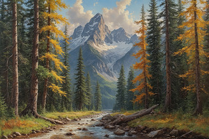 Serene Mountain Landscape with Stream and Autumn Foliage