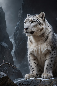 Majestic Snow Leopard in Misty Mountains