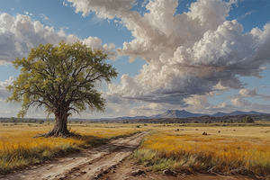 Serene Landscape with Tree and Dramatic Sky