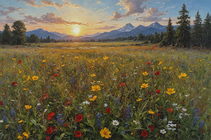 Vibrant Wildflower Field at Sunset