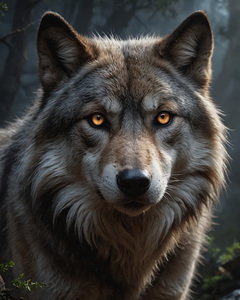 Majestic Wolf Portrait in Misty Forest