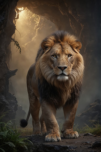 Majestic Lion in Misty Forest