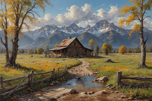 Rustic Cabin in Autumn Landscape