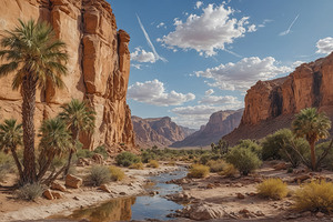 Scenic Desert Canyon with Palm Trees and Stream