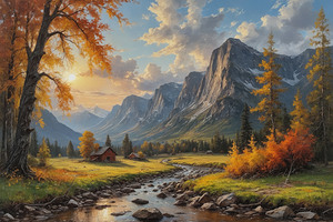 Serene Autumn Landscape with River and Mountains