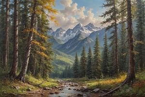 Serene Mountain Landscape with Stream and Forest