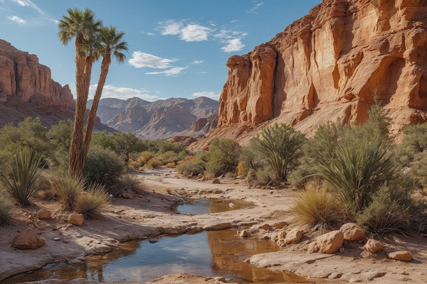 Serene Desert Landscape with Stream and Palm Trees Print
