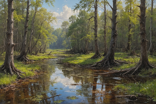 Tranquil Swamp Landscape with Reflections Print