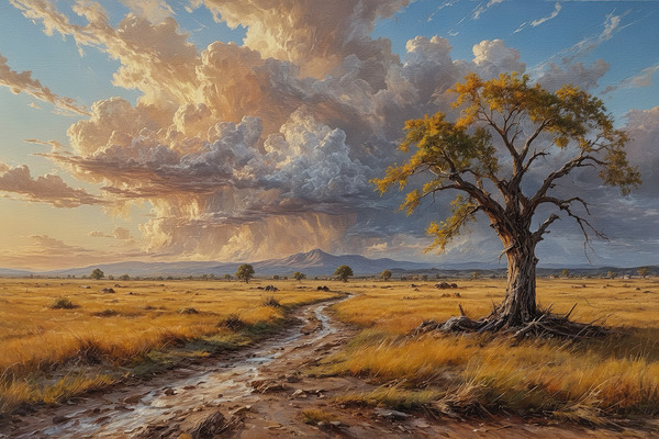 Lone Tree in a Golden Landscape at Sunset Print