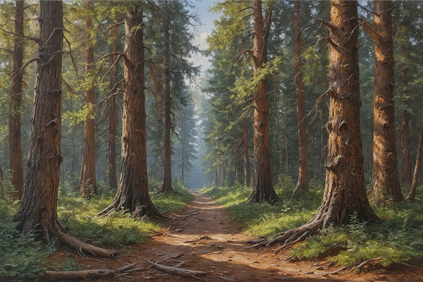 Serene Forest Pathway with Tall Pine Trees Print