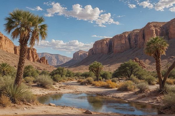 Serene Desert Landscape with Palm Trees and Stream Print