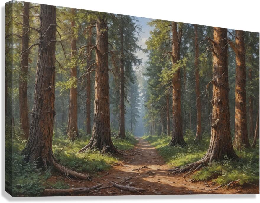 Serene Forest Pathway with Tall Pine Trees Canvas Print