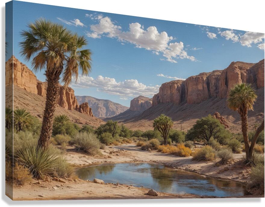 Serene Desert Landscape with Palm Trees and Stream Canvas Print