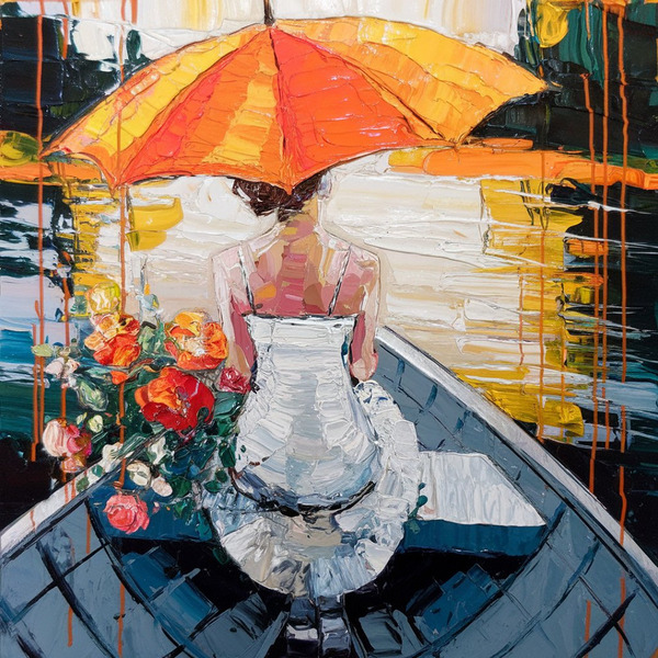 Serene Reflections – A Woman with an Orange Umbrella Print