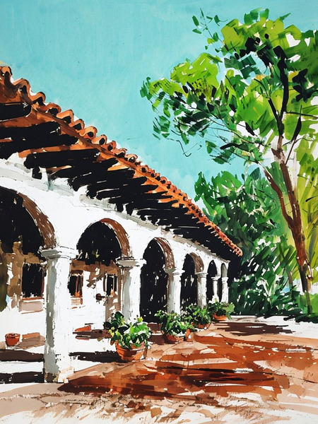 Rustic Building With Archways And Lush Greenery Surrounding by VintageBioCanvas Studio