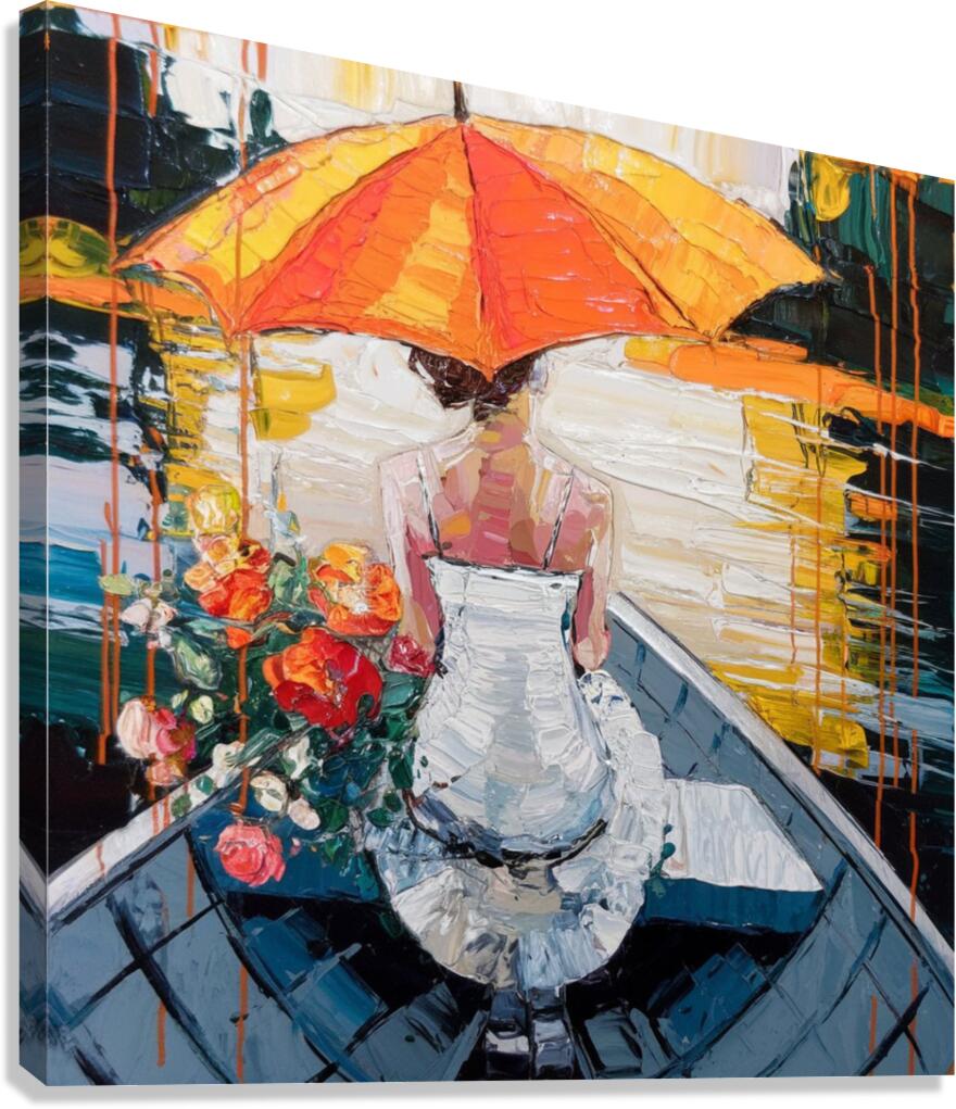 Serene Reflections – A Woman with an Orange Umbrella Canvas Print