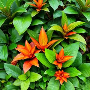 Tropical Foliage with Vibrant Orange Blooms