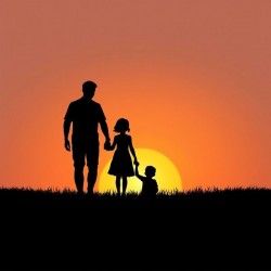 Family Silhouette at Sunset – Father with Children on Hill