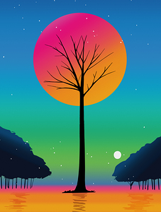 Vivid Tree Beneath a Cosmic Rainbow Sky