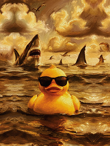 Brave Duck in Shark‑Infested Waters – Surreal Seascape