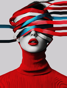 Surreal Ribbon Portrait Wall Art – Modern Minimalist Woman in Red and Blue