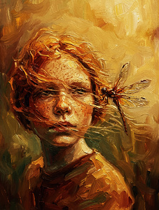Golden Dragonfly Whisper – Warm Impressionist Oil Portrait Wall Art