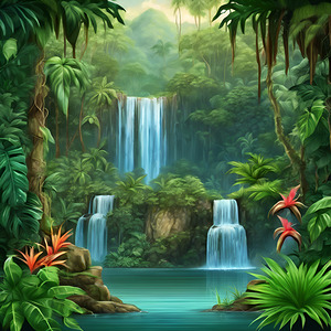  Enchanting waterfall in a lush jungle surrounde