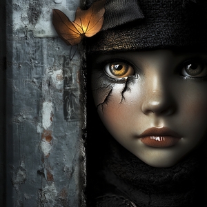 Haunting Porcelain Doll Photography: Cracked Eye Reveals Shadowy Figure in Vintage Attic