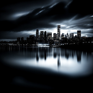 Fine Art High Contrast Photography Urban Skyline Stormy Night Sky Red Color Accent Dramatic Cityscape
