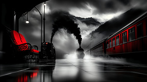 Fine Art High Contrast Photography Vintage Train Steaming Dense Fog Red Color Accent Nostalgic Train Journey