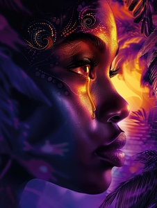 Emotive Abstract Eye with Vibrant Teardrop and Lush Floral Motifs