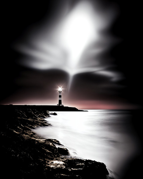 Fine Art High Contrast Photography Lighthouse Beacon Sweeping Dark Ocean Long Exposure Red Color Accent Telephoto Lens Print