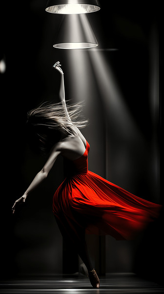 Fine Art High Contrast Photography Dancer Mid Leap Spotlight Red Color Accent Dramatic Movement Art Print