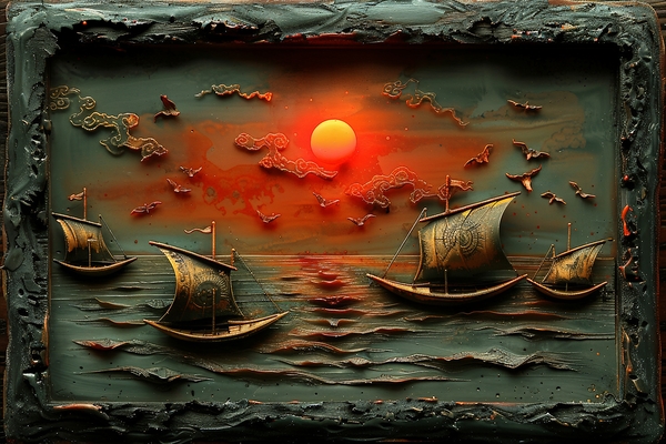 Enchanted Harbor at Dusk: A Wax Art Odyssey Print